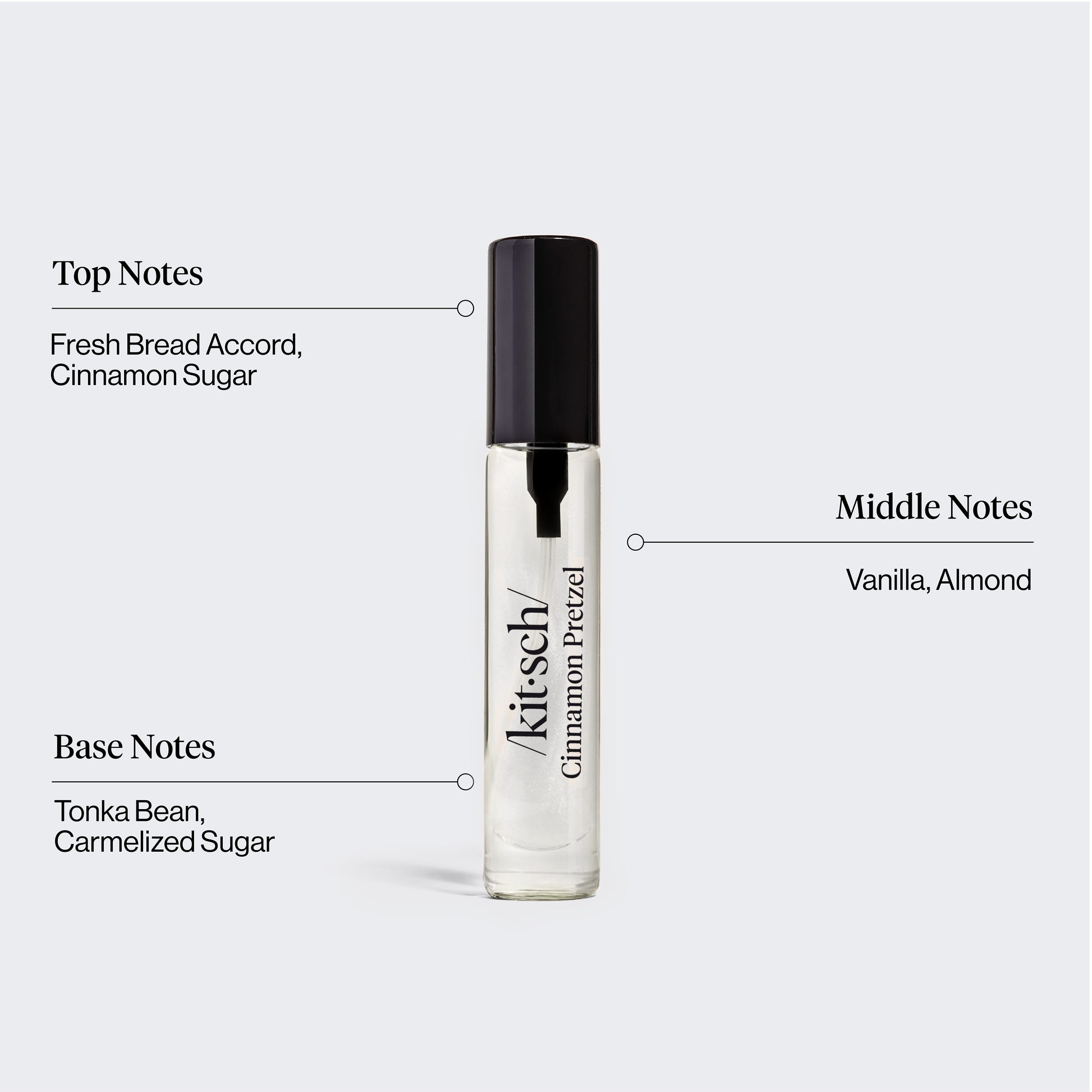 KITSCH Movie Theater Hair Perfume Trio Set — Cinnamon Pretzel scent infographic — Smells Like: fresh bread, vanilla & caramelized sugar — Warm, gourmand & cozy fragrance — Smell like a snack — Patented technology eliminates odors at the source — A quick way to refresh your hair between washes