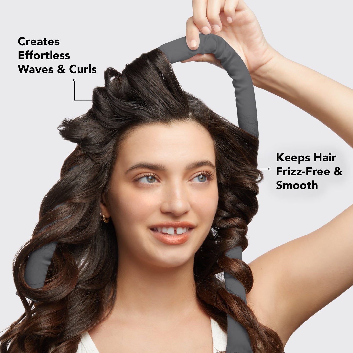 KITSCH Charcoal Satin Heatless Curling Set — top selling points infographic — OEKO-TEX Certified, heat-free curls, frizz-free styling