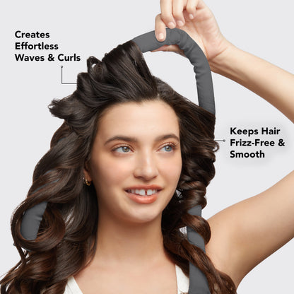 KITSCH Charcoal Satin Heatless Curling Set — top selling points infographic — OEKO-TEX Certified, heat-free curls, frizz-free styling