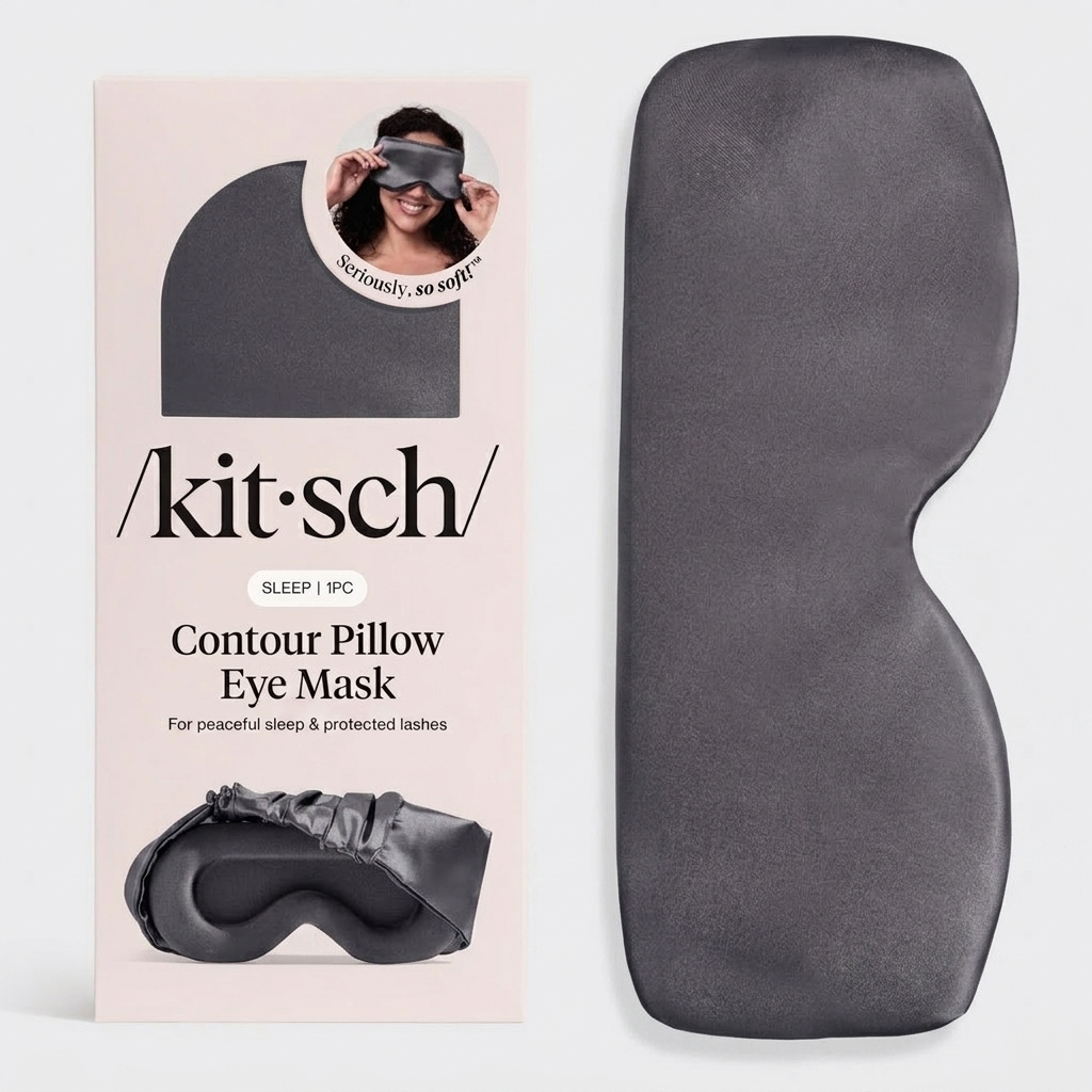 Kitsch Charcoal Contour Pillow Eye Mask lying flat on white surface showing ruched elastic band