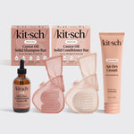 KITSCH Castor Oil Complete Bundle — hero flat lay — Castor Oil Nourishing Shampoo Bar + Conditioner Bar + Air Dry Cream — complete nourishing hair routine