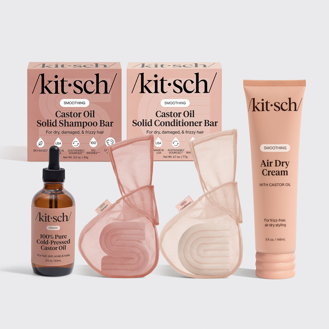 KITSCH Castor Oil Complete Bundle — hero flat lay — Castor Oil Nourishing Shampoo Bar + Conditioner Bar + Air Dry Cream — complete nourishing hair routine
