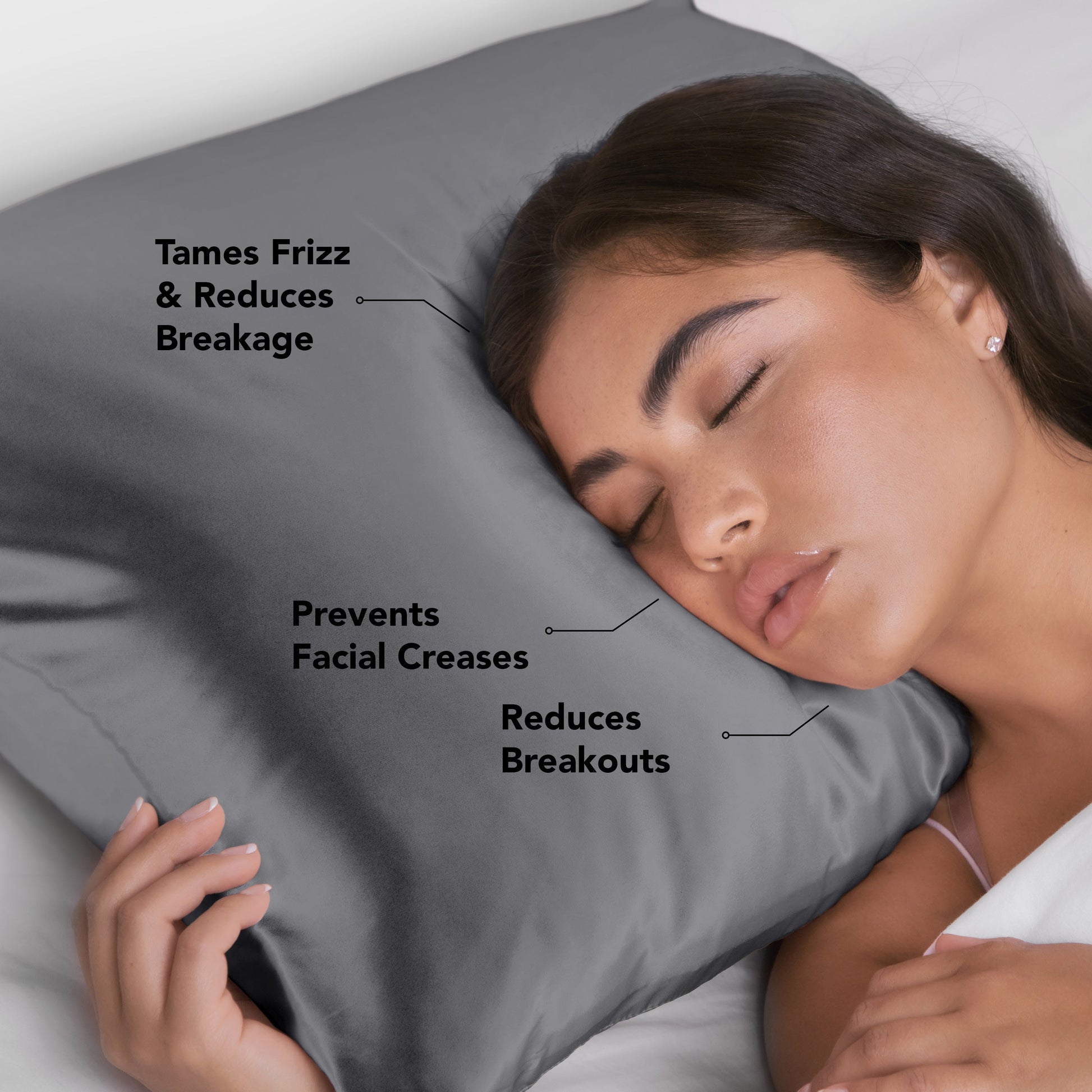 KITSCH Charcoal Satin Pillowcase — feature infographic — anti-frizz and breakage-reducing benefits