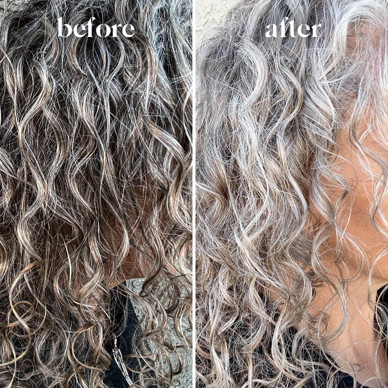 Before and after: curly hair color transformation using KITSCH Purple Toning + Biotin Solid Shampoo Bar — before shows brassy, warm-toned curls; after shows neutralized, cooler-toned curls with reduced brassiness for color-treated and grey hair