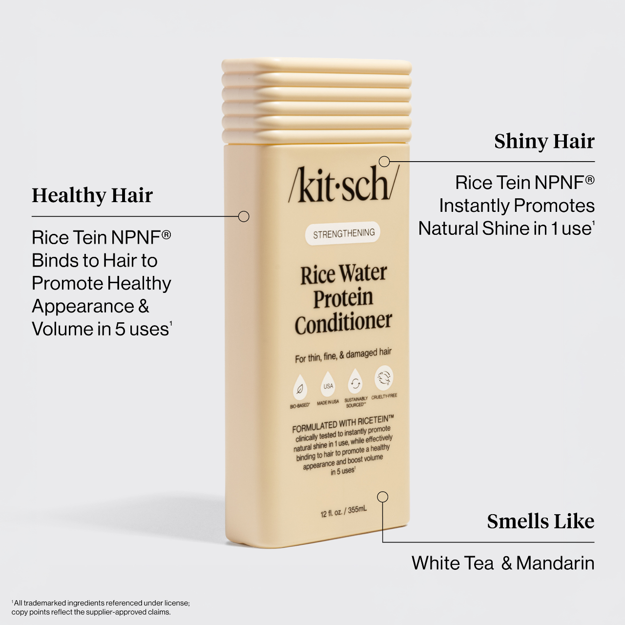 Kitsch Rice Water Protein Conditioner bottle with text highlighting benefits on a white background