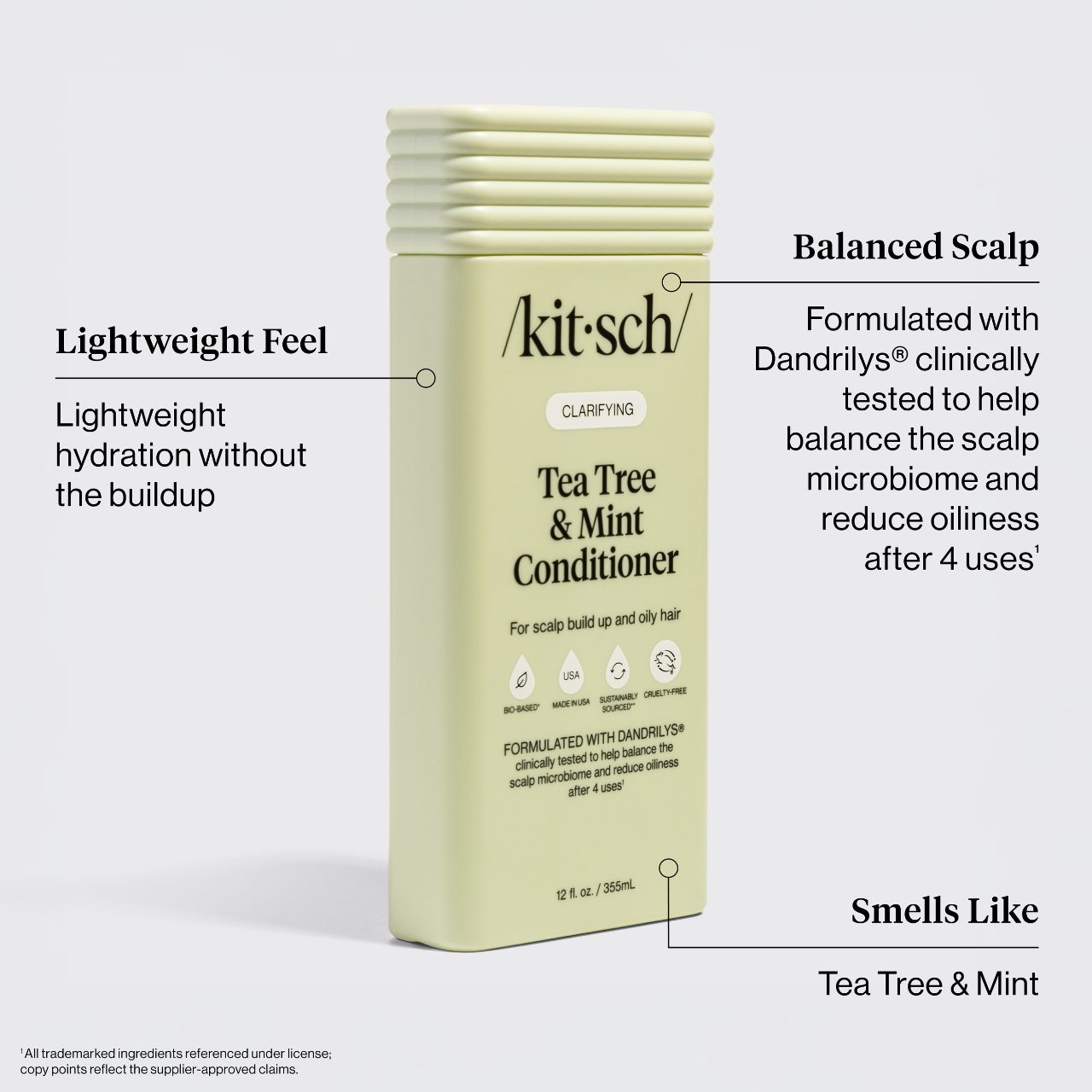 Kitsch Tea Tree & Mint Conditioner bottle with features highlighted on a white background