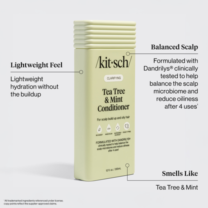 Kitsch Tea Tree & Mint Conditioner bottle with features highlighted on a white background